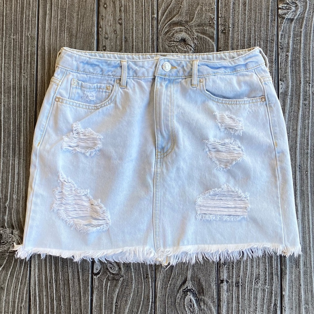 Light Wash Distressed Denim Mini Skirt - Picture 1 of 4